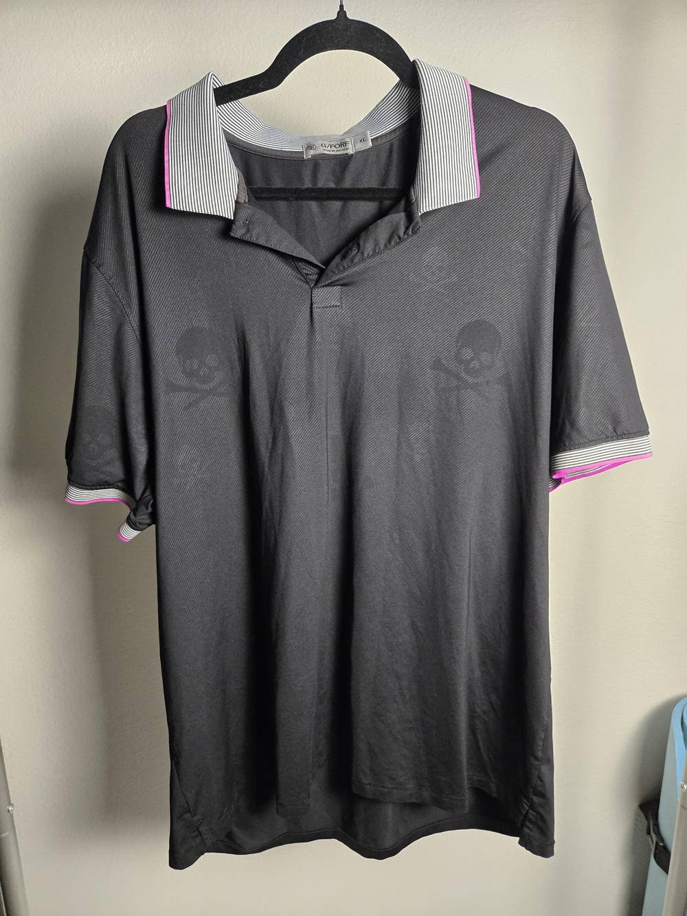 G/FORE Black Polo with Pink-Trimmed Striped Collar